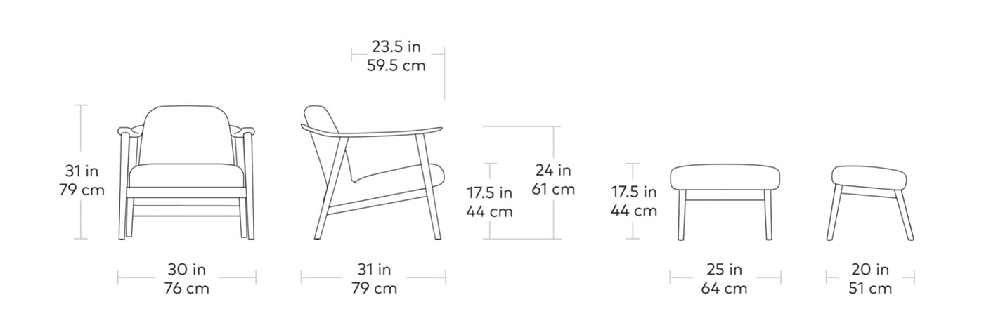 Baltic, fauteuil et ottoman en cuir ou en tissu par Gus* Modern, dimensions