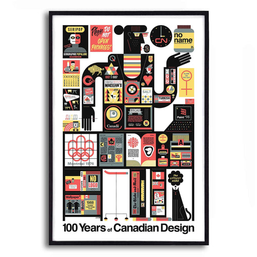 "100 Years of Canadian Design" par Raymond Biesinger : une vibrante mosaïque d'histoire capturée dans chaque détail. Imprimée avec soin sur du papier de qualité, cette affiche célèbre la richesse du design canadien.