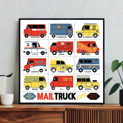 Offrez-vous une pièce de collection avec les impressions de Raymond Biesinger, recréant les timbres de l'imaginaire Portland International Mail Truck Expo 1987. Qualité exceptionnelle garantie.