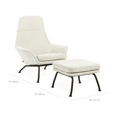 Gus* Modern Tallinn, fauteuil avec dossier haut et ottoman, en tissu et métal, dimensions