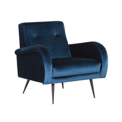 Nuevo Hugo, fauteuil, en velours et acier, bleu nuit