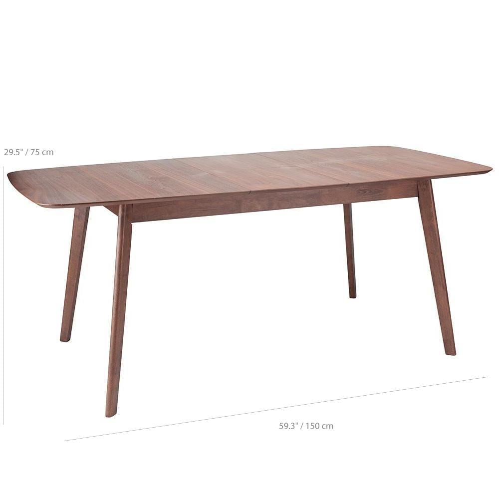 Table Loel : chic et fonctionnelle, inspirée du design Mid-century. Extension ingénieuse pour accueillir 2 invités. Plateau noyer, allure intemporelle. Dimensions.