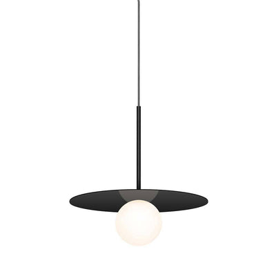 Pablo Designs Bola Disc, lampe suspendue LED avec un globe en verre et un abat-jour en forme de disque, en aluminium, noir matte, 12ʼʼ