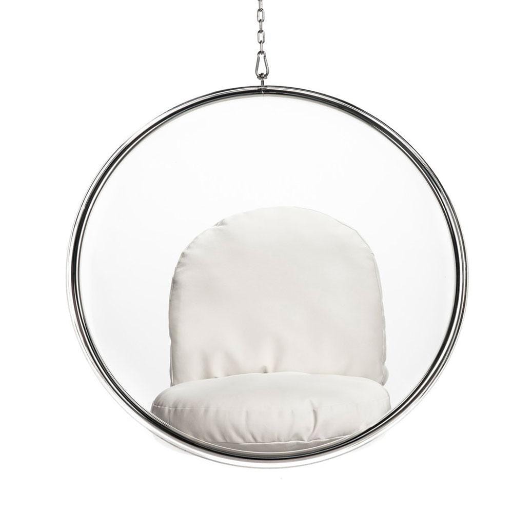 Reproduction Bubble, chaise suspendue, en acrylique et le coussin est en vinyle, crème