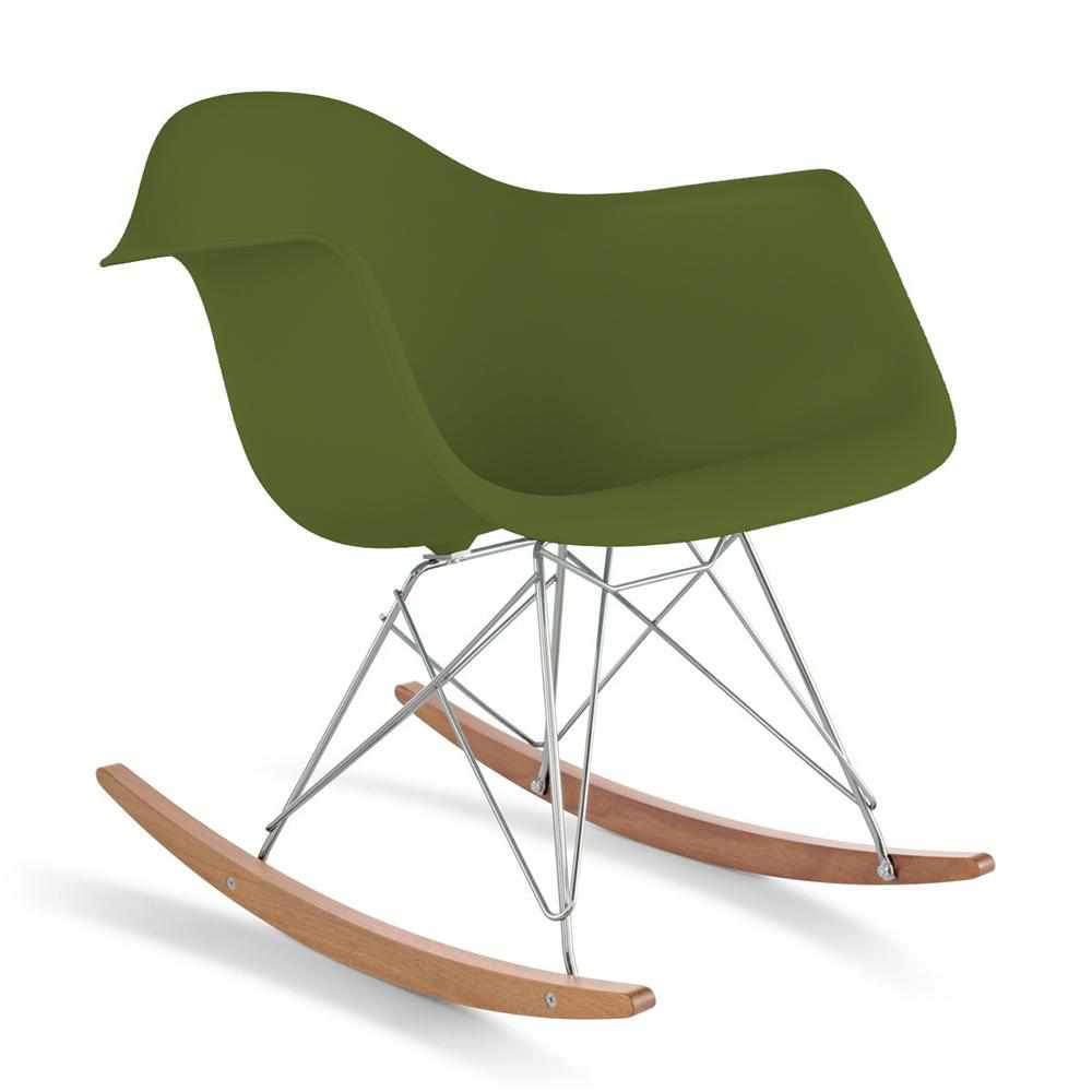 Reproduction Eiffel RAR, chaise berçante, en polypropylène, bois et métal,  vert kaki, frêne chrome