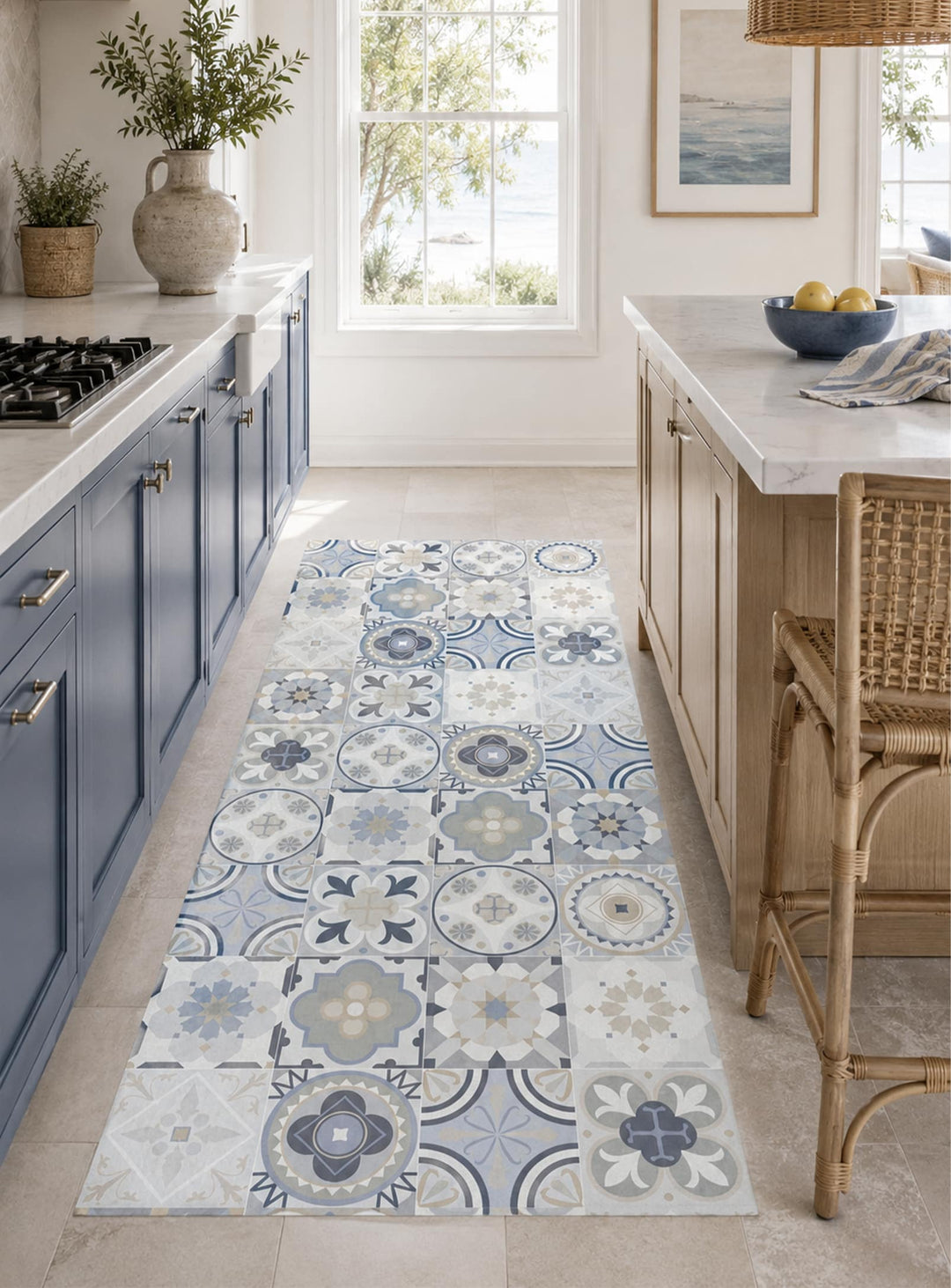 Tapis Bluesky de D'Adama Alma, en vinyle résistant à l’eau et aux taches avec un élégant motif patchwork. bleu