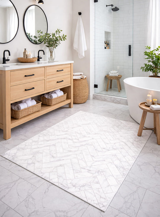 Tapis en vinyle Chevron inspiré du parquet, style chic et moderne. blanc