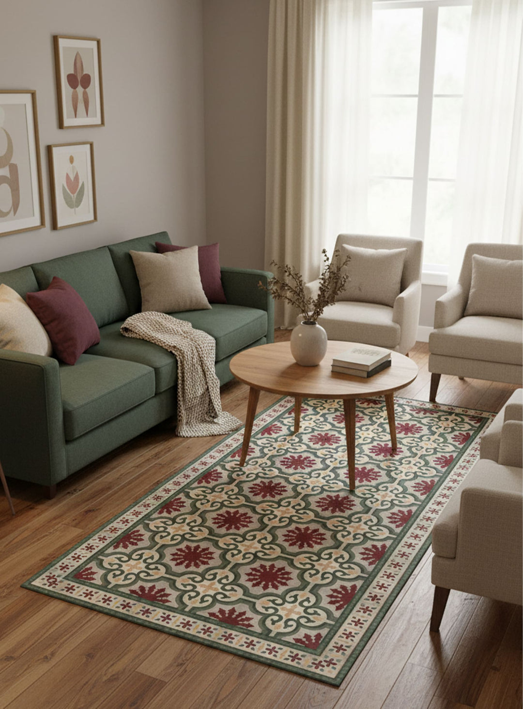 Tapis en vinyle Dream Adama Alma, durable et antidérapant pour usage intérieur. vert & rouge