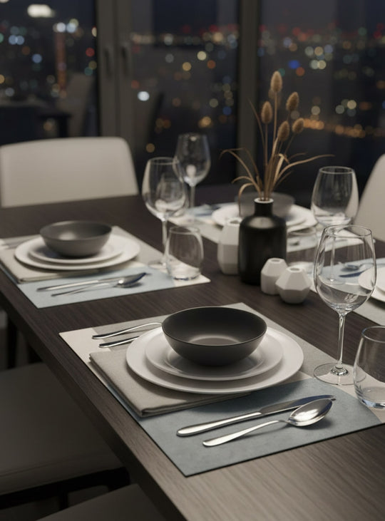 Napperons en vinyle Adama Alma Modern, parfaits pour une table chic et moderne. louvre gris