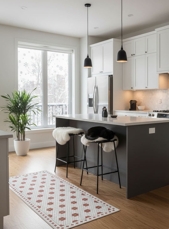 Tapis en vinyle Adama Alma Petite Fleur, faciles à nettoyer pour foyers avec animaux. noir