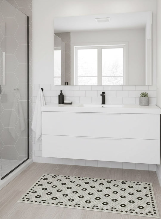 Tapis en vinyle Adama Alma Petite Fleur, durables et parfaits pour un intérieur élégant. noir