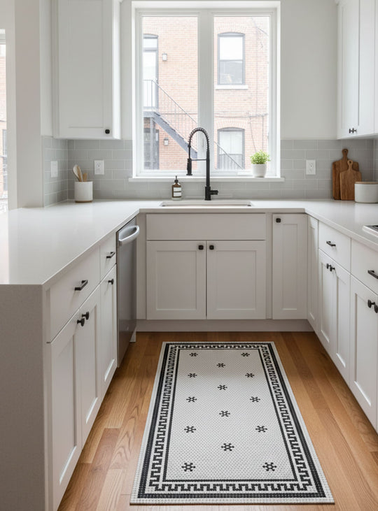 Tapis en vinyle Adama Alma Tuxedo, imperméables et résistants aux déversements. blanc