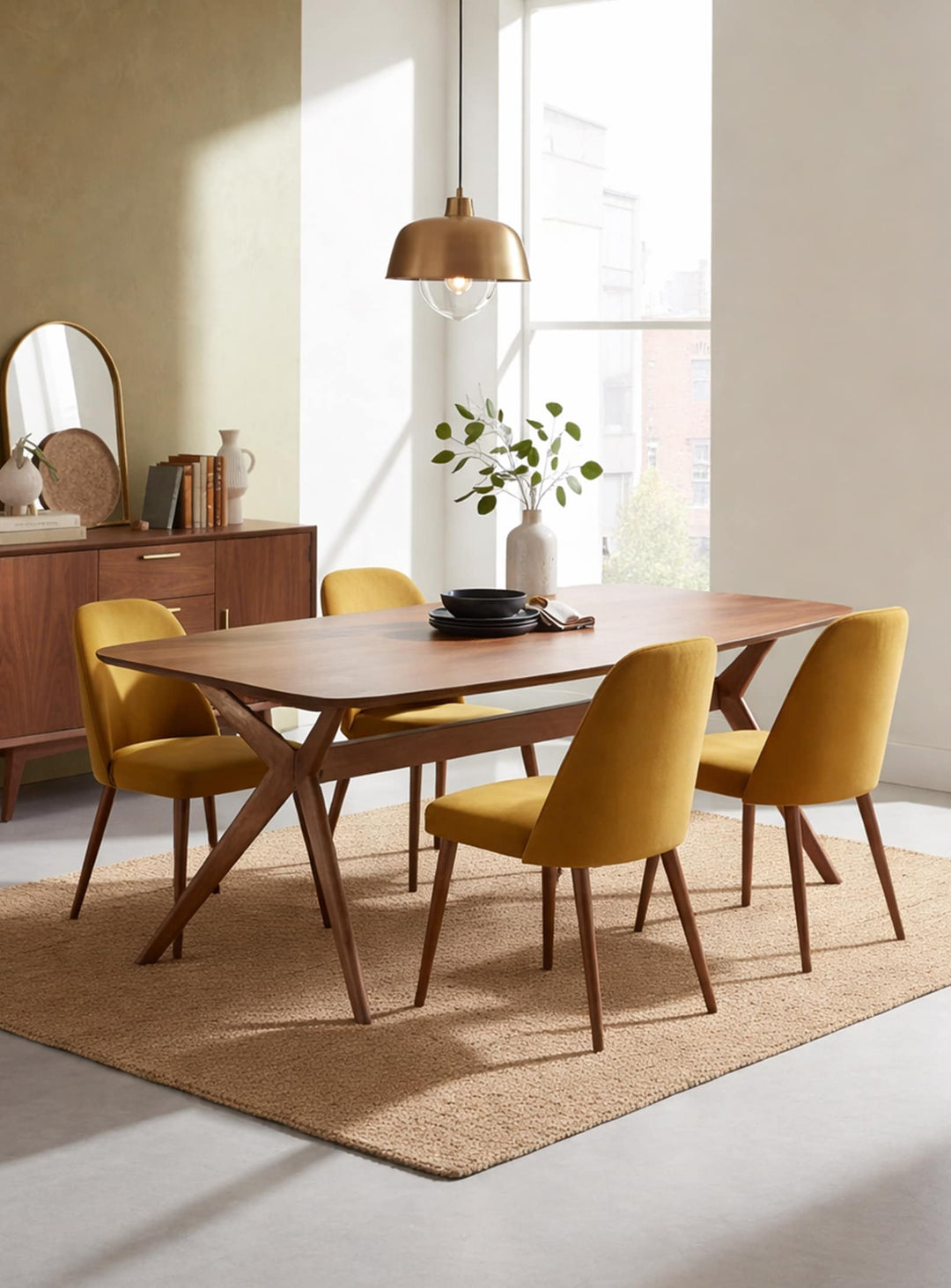 Table à dîner Arcadia en bois de manguier, design rustique et moderne pour une salle à manger chaleureuse.