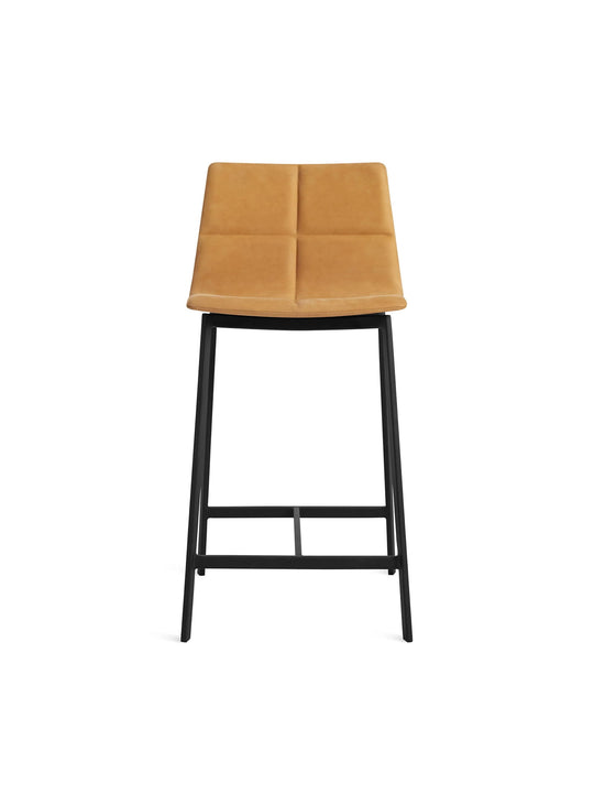 Tabouret de comptoir Between Us Blu Dot : tabouret design, structure métal et bois. camel leather