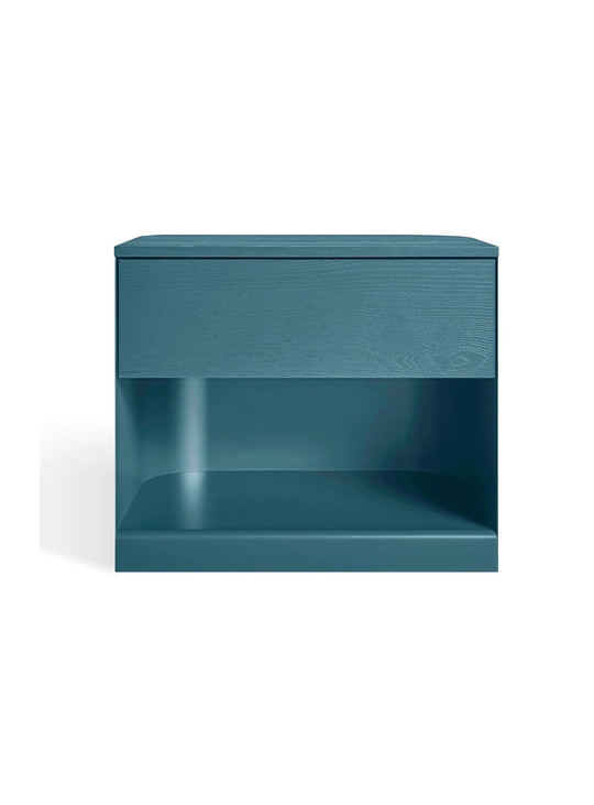 Table de chevet Dally Blu Dot, un meuble design en acier et placage de frêne laqué. space blue