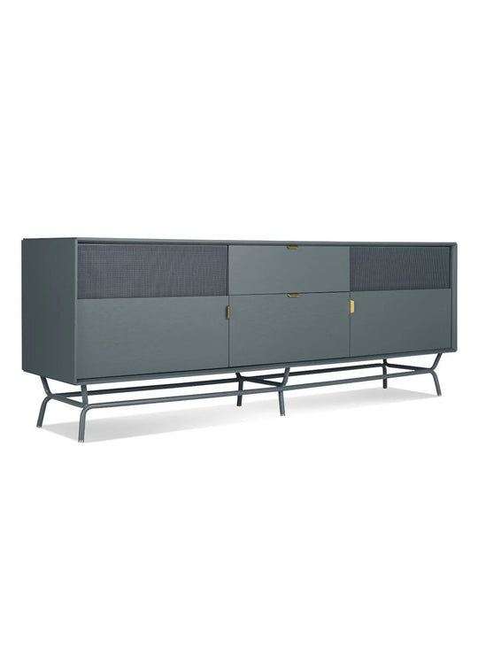 Buffet Dang Blu Dot : une pièce design avec façades perforées graphiques. bleu marine