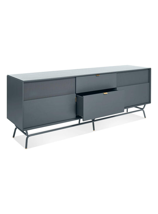 Buffet Dang Blu Dot : façades texturées et rangement élégant pour salon moderne. bleu marine
