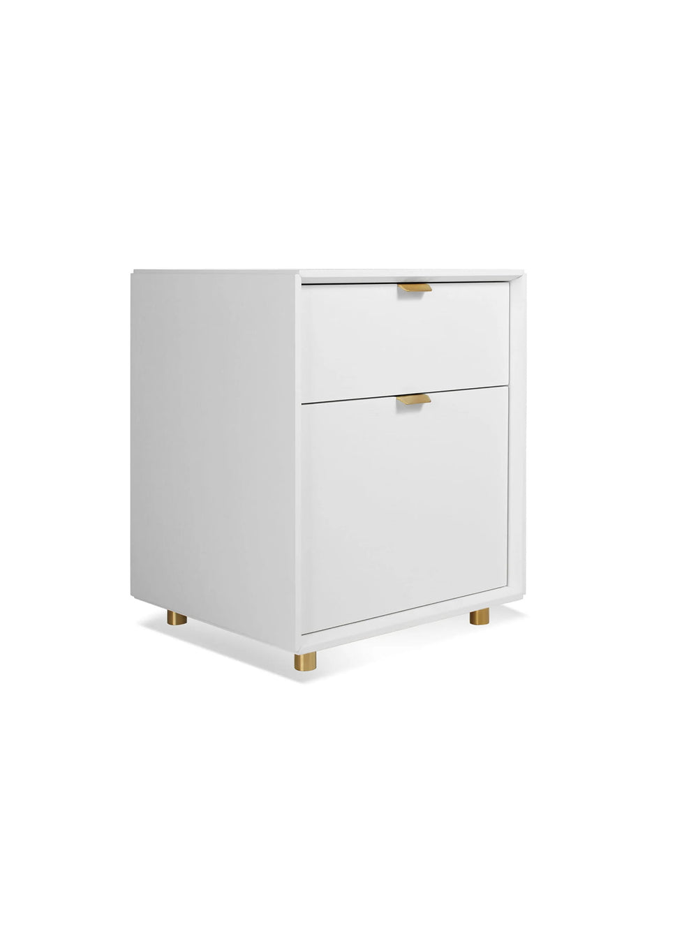 Classeur à tiroirs Blu Dot Dang en bois avec base en acier, quincaillerie en laiton et fermeture douce. blanc
