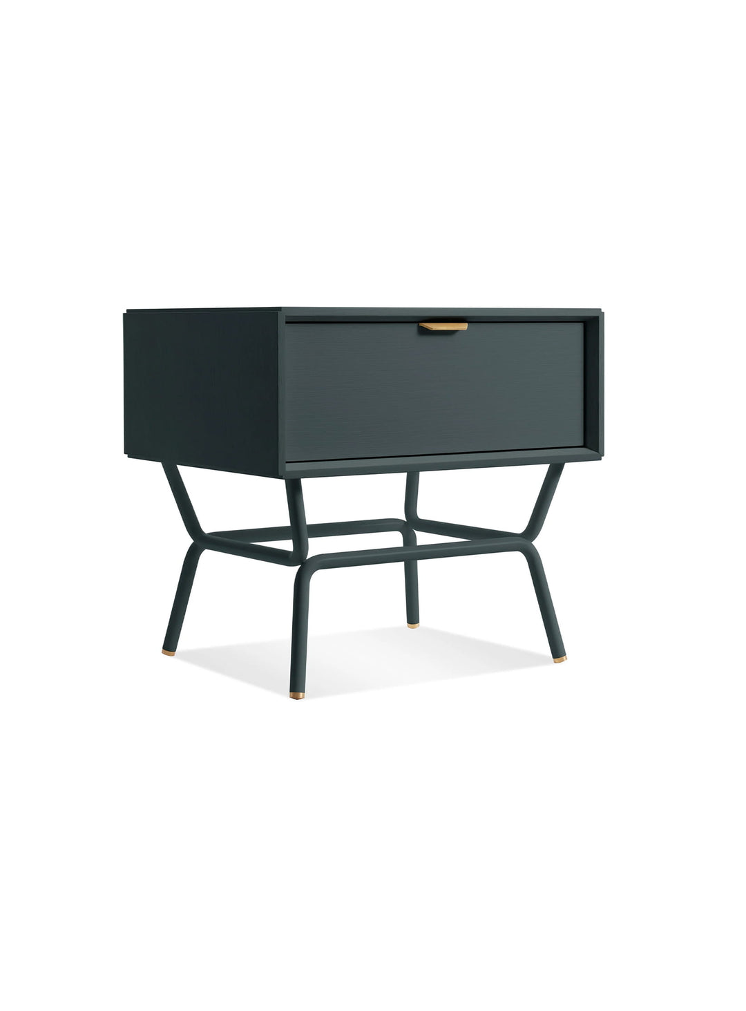 Table de chevet Blu Dot Dang, meuble design avec base en acier laqué. vert marine