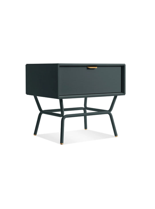 Table de chevet Blu Dot Dang, meuble design avec base en acier laqué. vert marine