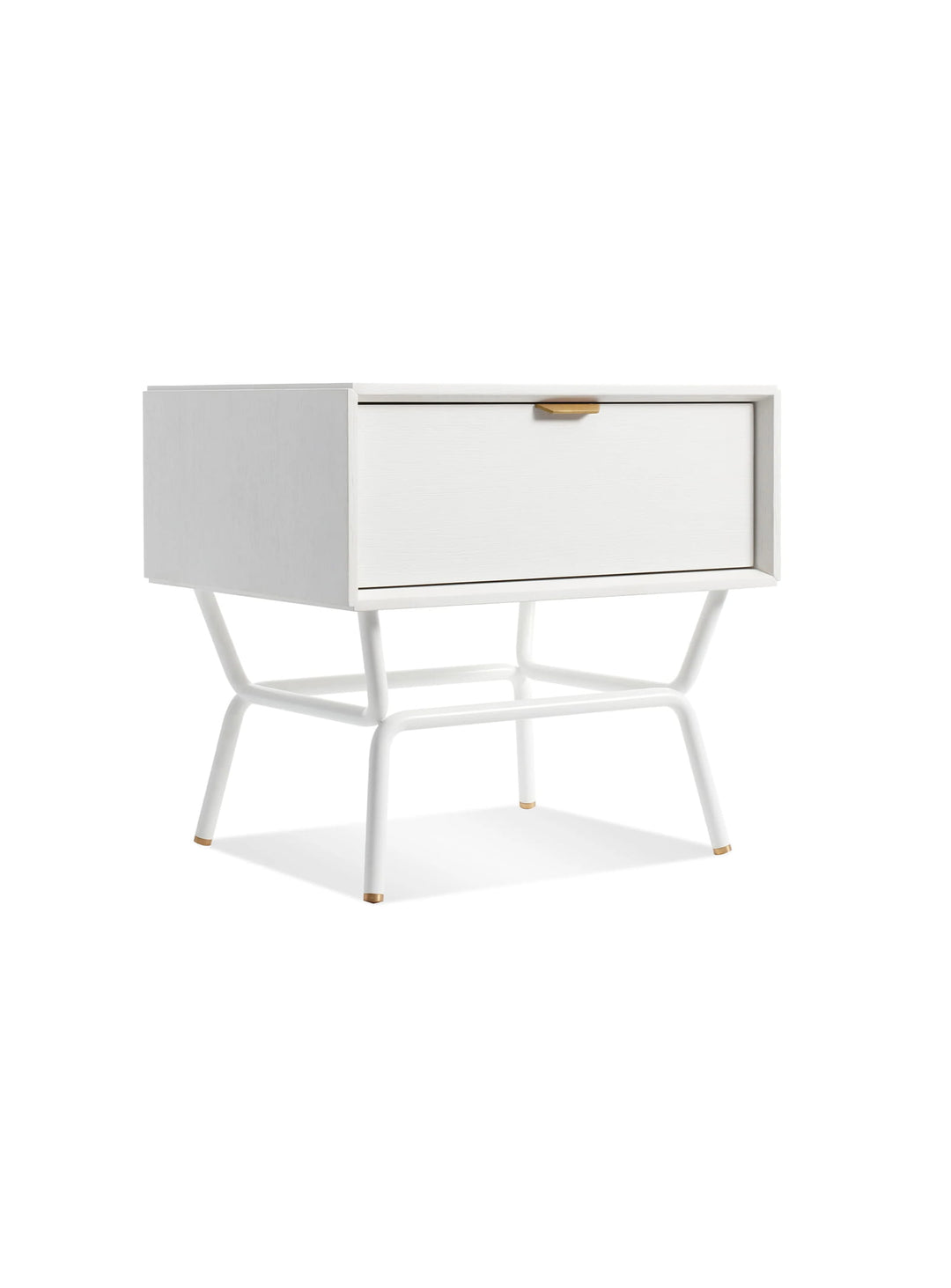 Table de chevet Blu Dot Dang, meuble design en bois et acier laqué. blanc