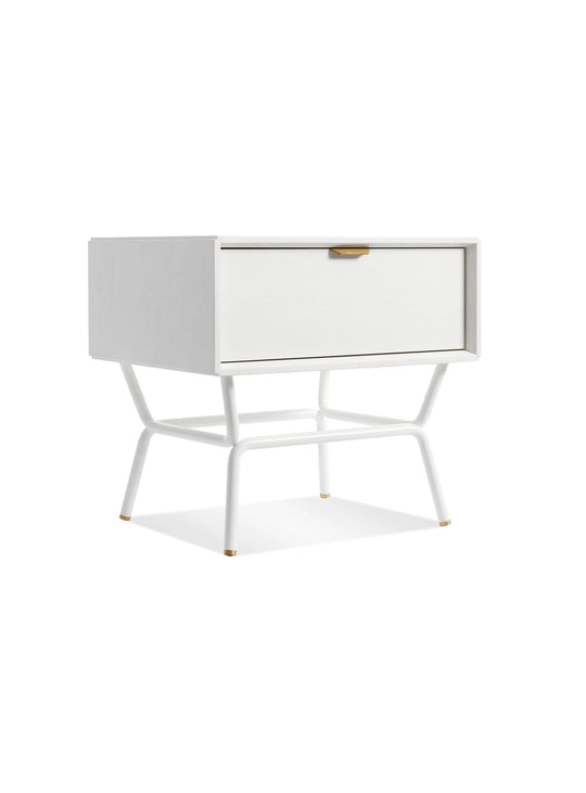 Table de chevet Blu Dot Dang, meuble design en bois et acier laqué. blanc