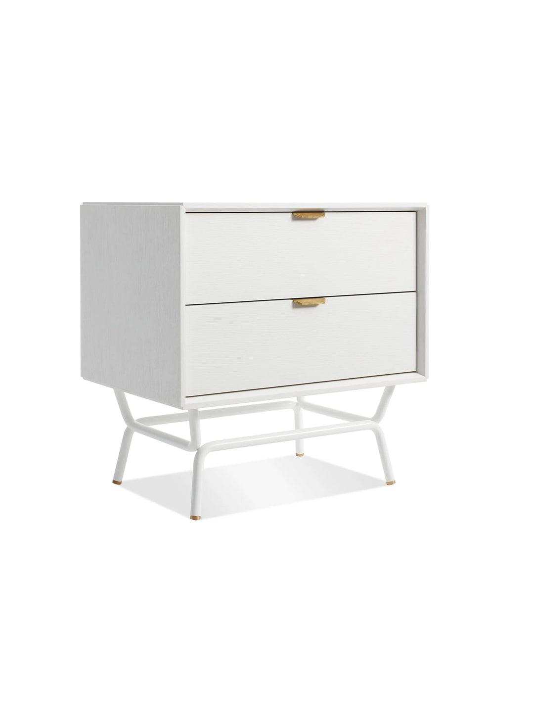 Table de chevet Blu Dot Dang, élégance minimaliste et poignées en laiton. blanc