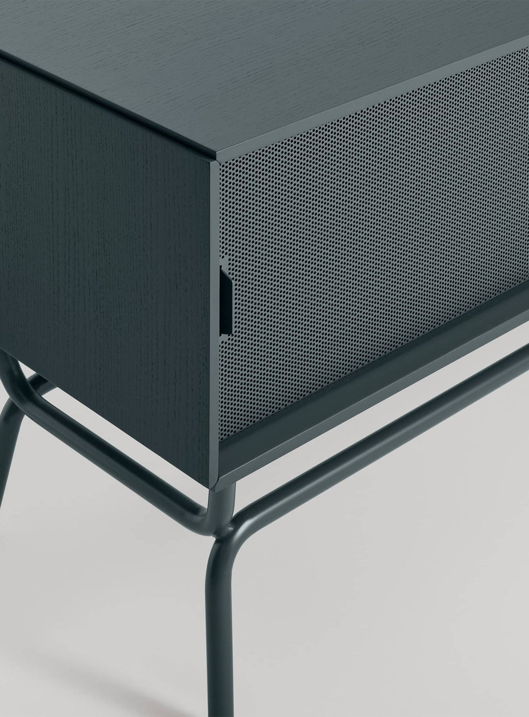 Meuble TV design Dang : esthétique épurée et câbles bien cachés. Vert marine.