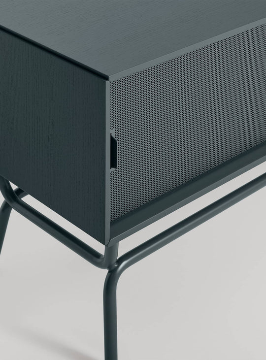 Meuble TV design Dang : esthétique épurée et câbles bien cachés. Vert marine.