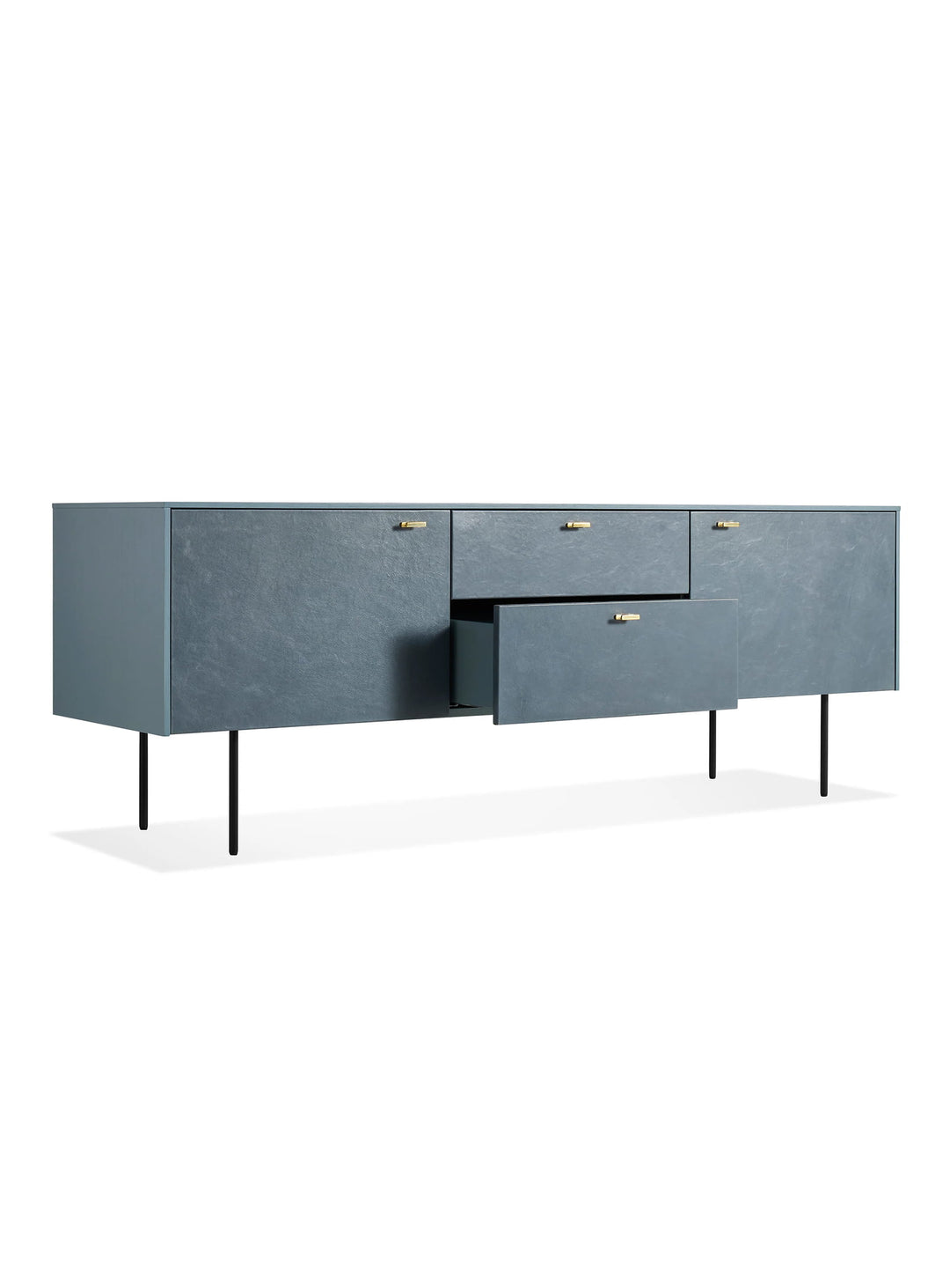 Buffet Fable Blu Dot en bois et cuir, élégant et fonctionnel pour salon ou salle à manger. bleu