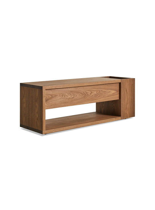 Banc Go Forth Blu Dot : banc entrée, assise et rangement intégré. noyer