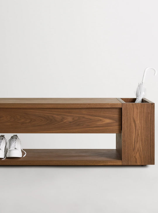 Banc Go Forth Blu Dot : banc design, parfait pour entrée organisée. noyer