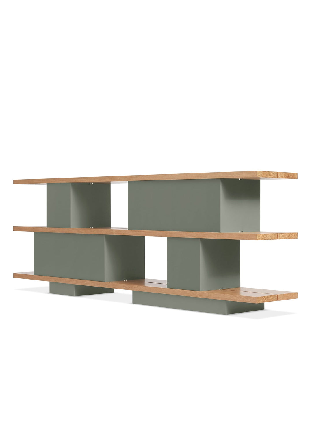 Bibliothèque Happy Day de Blu Dot, harmonie entre chaleur du bois et métal. vert, chene