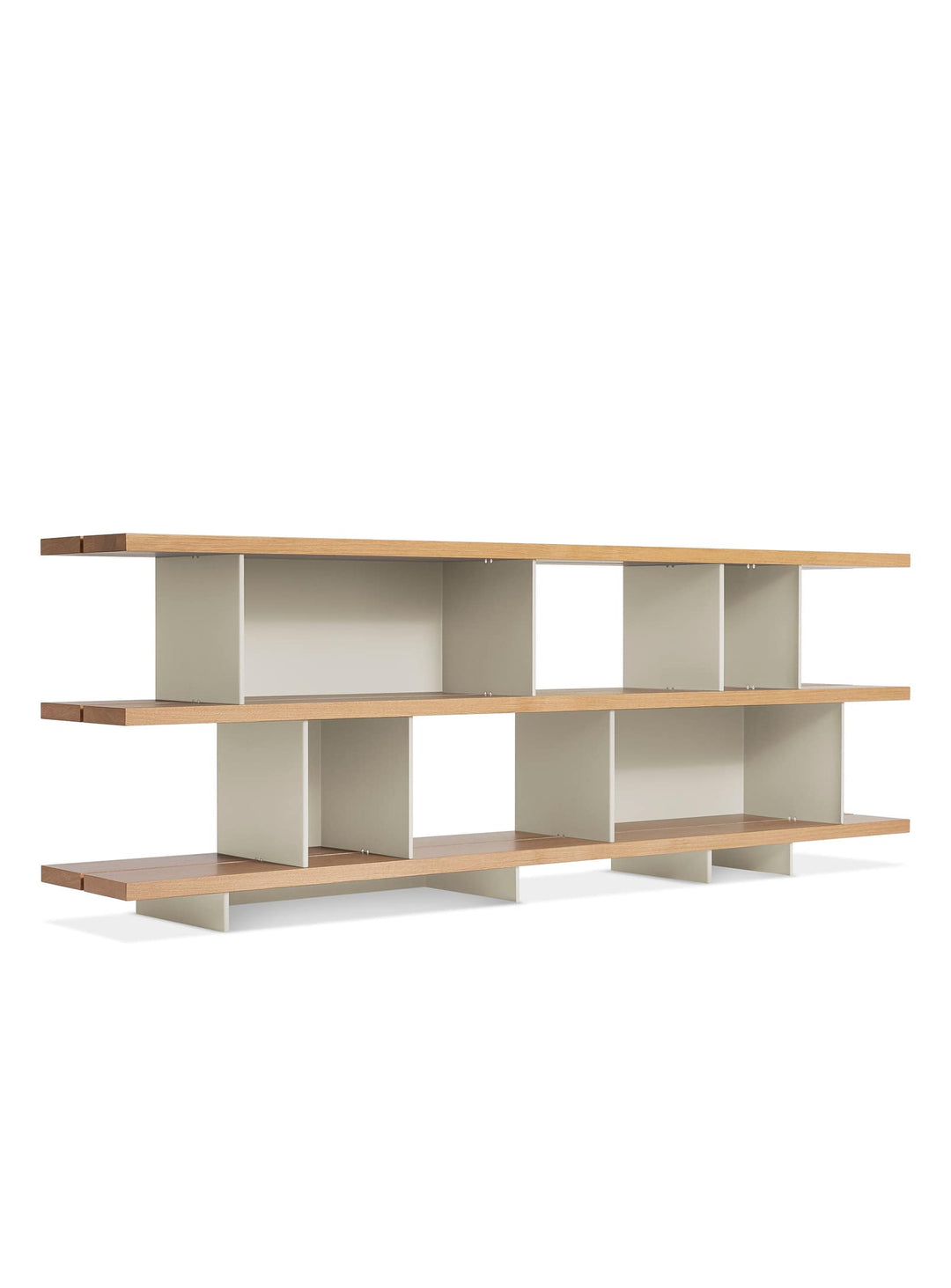 Bibliothèque Happy Day de Blu Dot, rangement ouvert et esthétique fluide. gris, chene