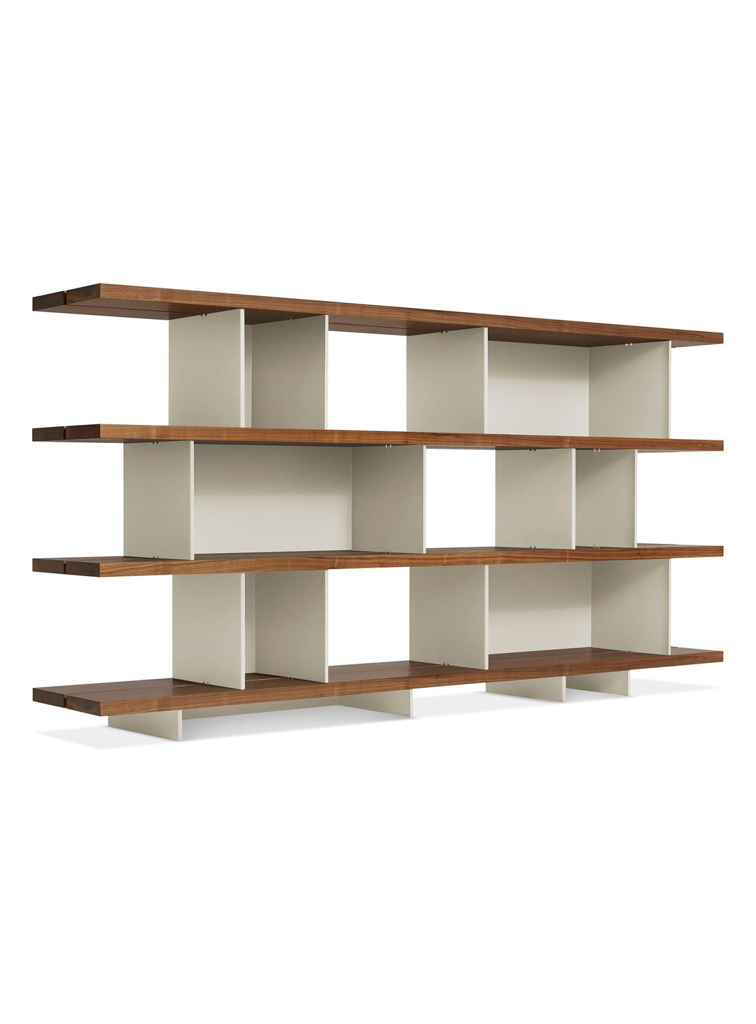 Happy Day 4, bibliothèque graphique et équilibrée par Blu Dot. gris, noyer