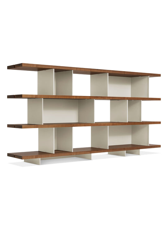 Happy Day 4, bibliothèque graphique et équilibrée par Blu Dot. gris, noyer