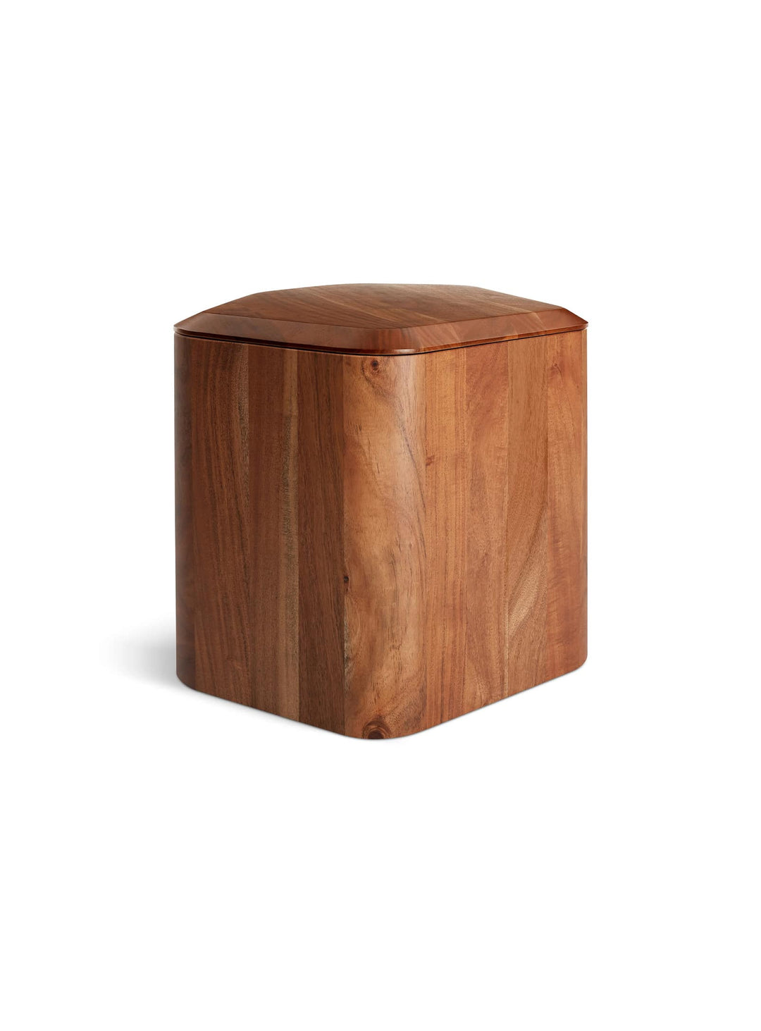 Table d'appoint Blu Dot Hoard en bois massif, avec plateau amovible et rangement intégré. acacia