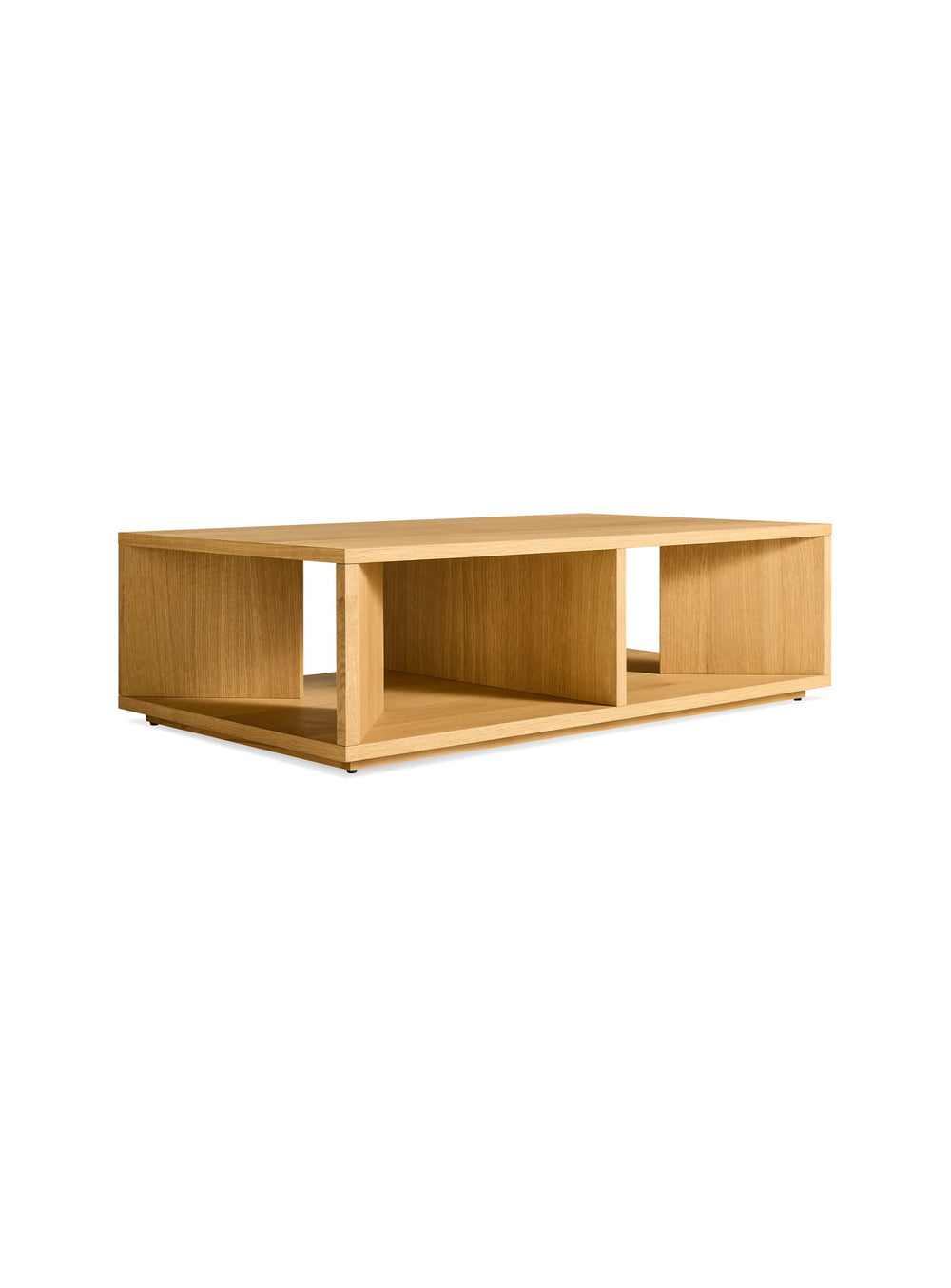 Table basse Low Space Blu Dot : une table contemporaine aux niches ouvertes pratiques. chêne blanc