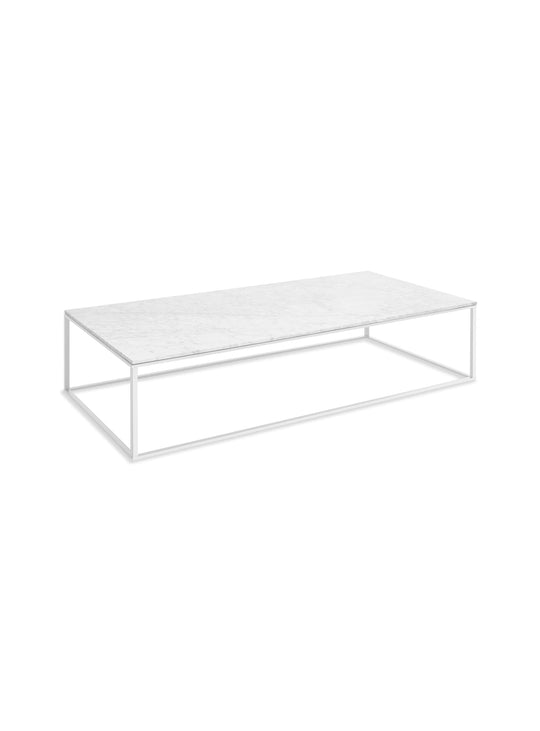 Table à café rectangulaire Minimalista Blu Dot avec plateau en marbre Carrara ou noyer. marbre blanc, blanc