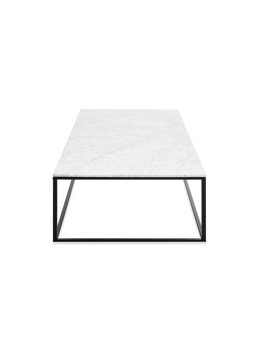 Table à café rectangulaire Minimalista Blu Dot avec design léger et présence intemporelle. marbre blanc, noir