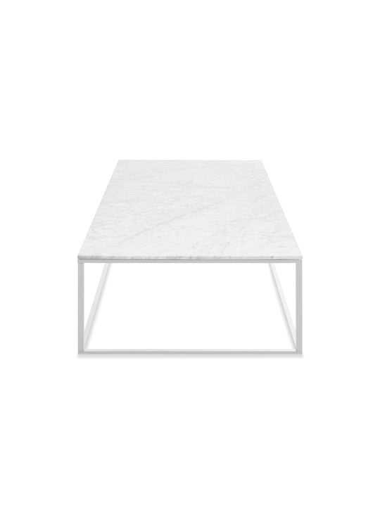 Table à café rectangulaire Minimalista Blu Dot : marbre naturel ou bois chaleureux au choix. marbre blanc, blanc