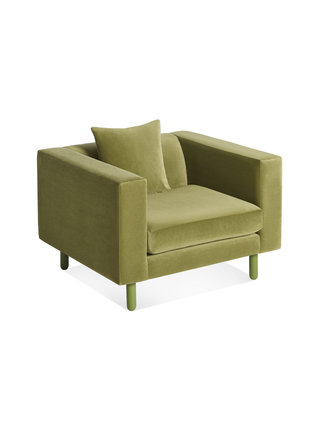 Le fauteuil Blu Dot Mono allie simplicité épurée et confort dans un style contemporain. vert