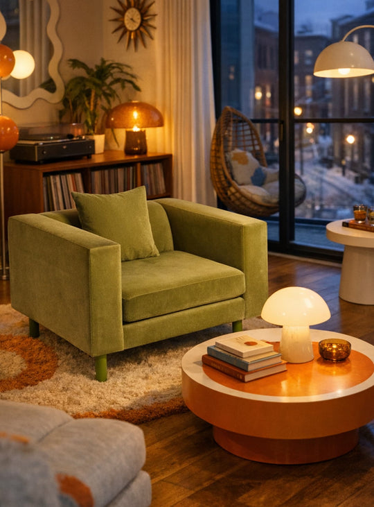 Fauteuil Blu Dot Mono au design minimaliste, élégant et confortable pour un intérieur moderne. vert