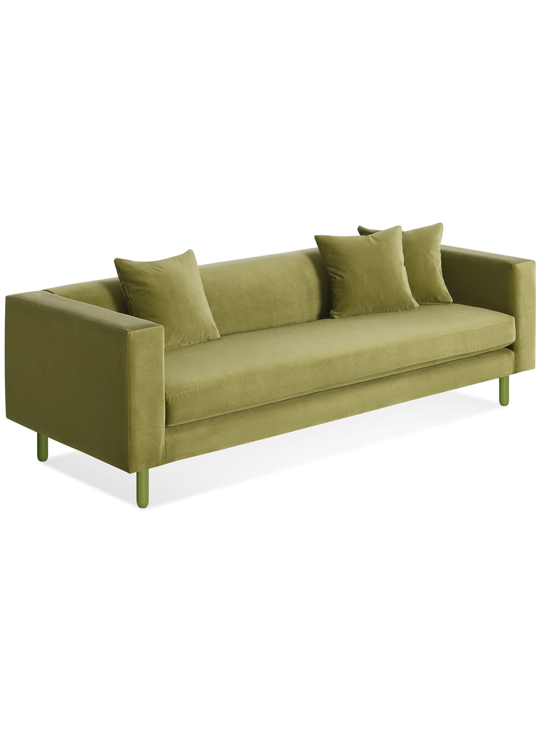 Sofa Blu Dot Mono : lignes pures, coussins confortables et élégance naturelle. vert