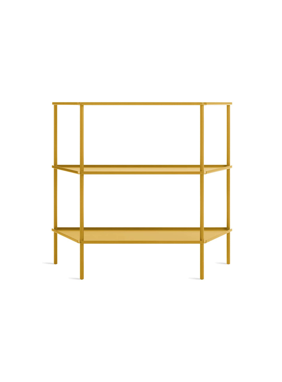 Bibliothèque Not for Nothing, élégance trapézoïdale et légèreté visuelle. moutarde