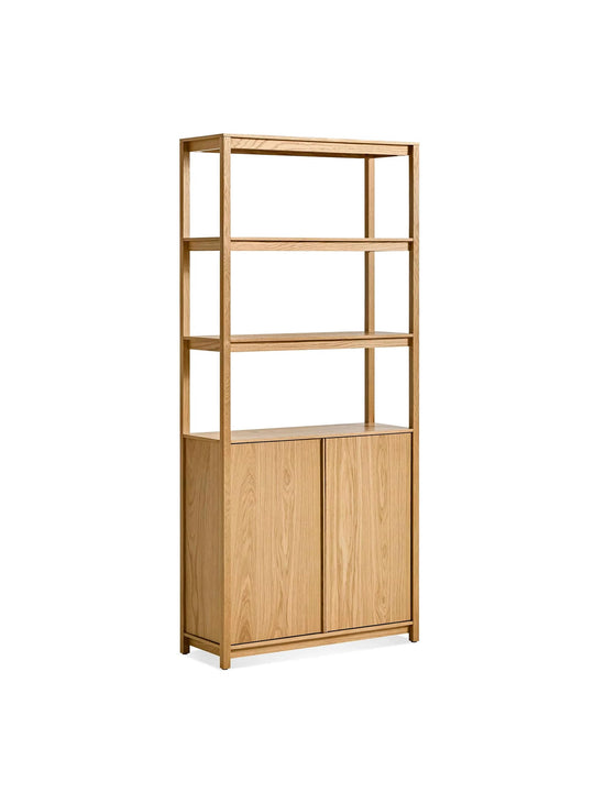 Bibliothèque Open Plan de Blu Dot avec étagères ouvertes et rangements fermés au design minimaliste. chene blanc