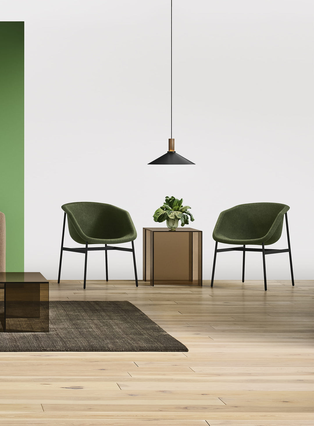 Chaise Past Life Blu Dot, chaise contemporaine au look chaleureux et sophistiqué. vert olive