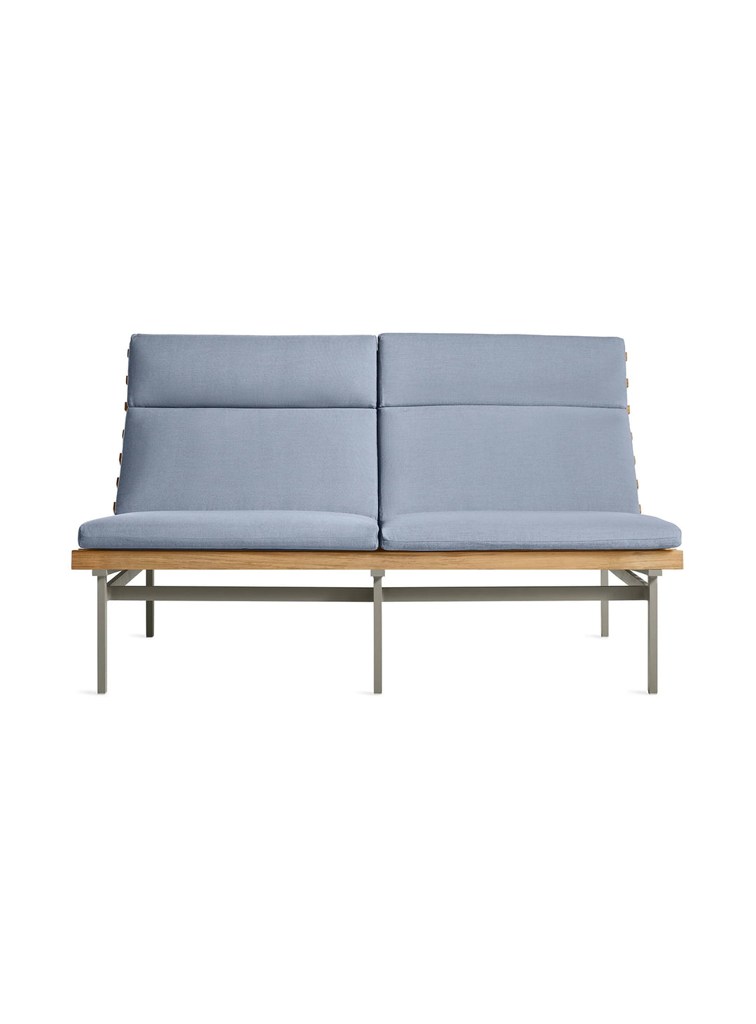 Sofa d’extérieur Perch 2 places de Blu Dot structure aluminium robuste. sunbrella haze