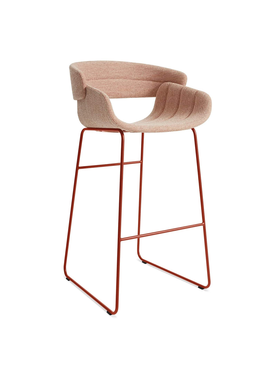 Tabouret de bar Racer Blu Dot : tabouret moderne, coque rembourrée et acier. tait tomato