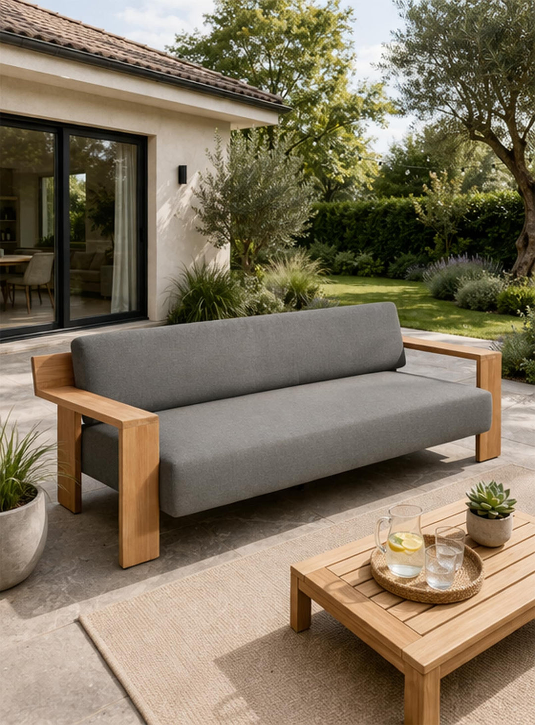Sofa Ridge Blu Dot : sofa extérieur design en teck FSC, confort absolu et style contemporain. toohey charcoal